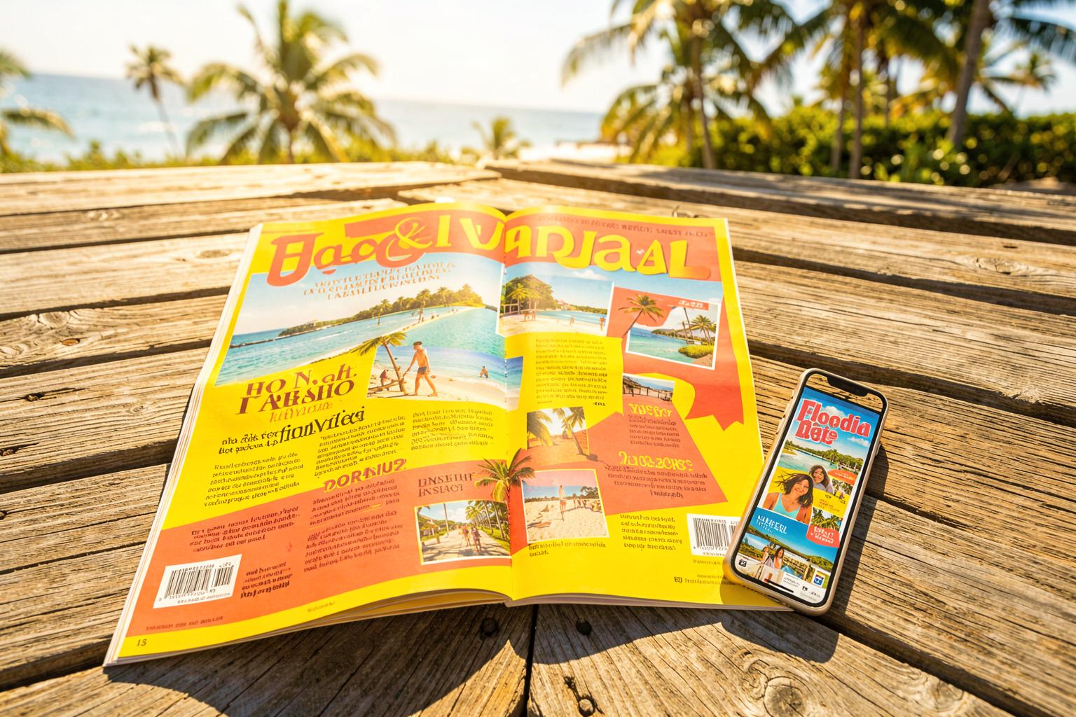 A bright Florida Dealz issue spread on a sunlit boardwalk